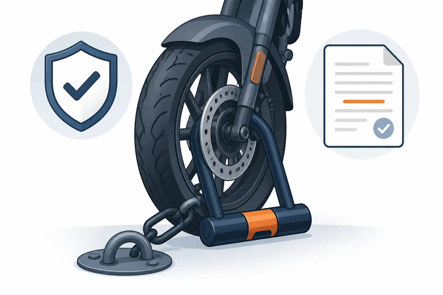 Antivol moto homologué assurance : cadenas en U sur roue, bouclier validé et contrat illustré
