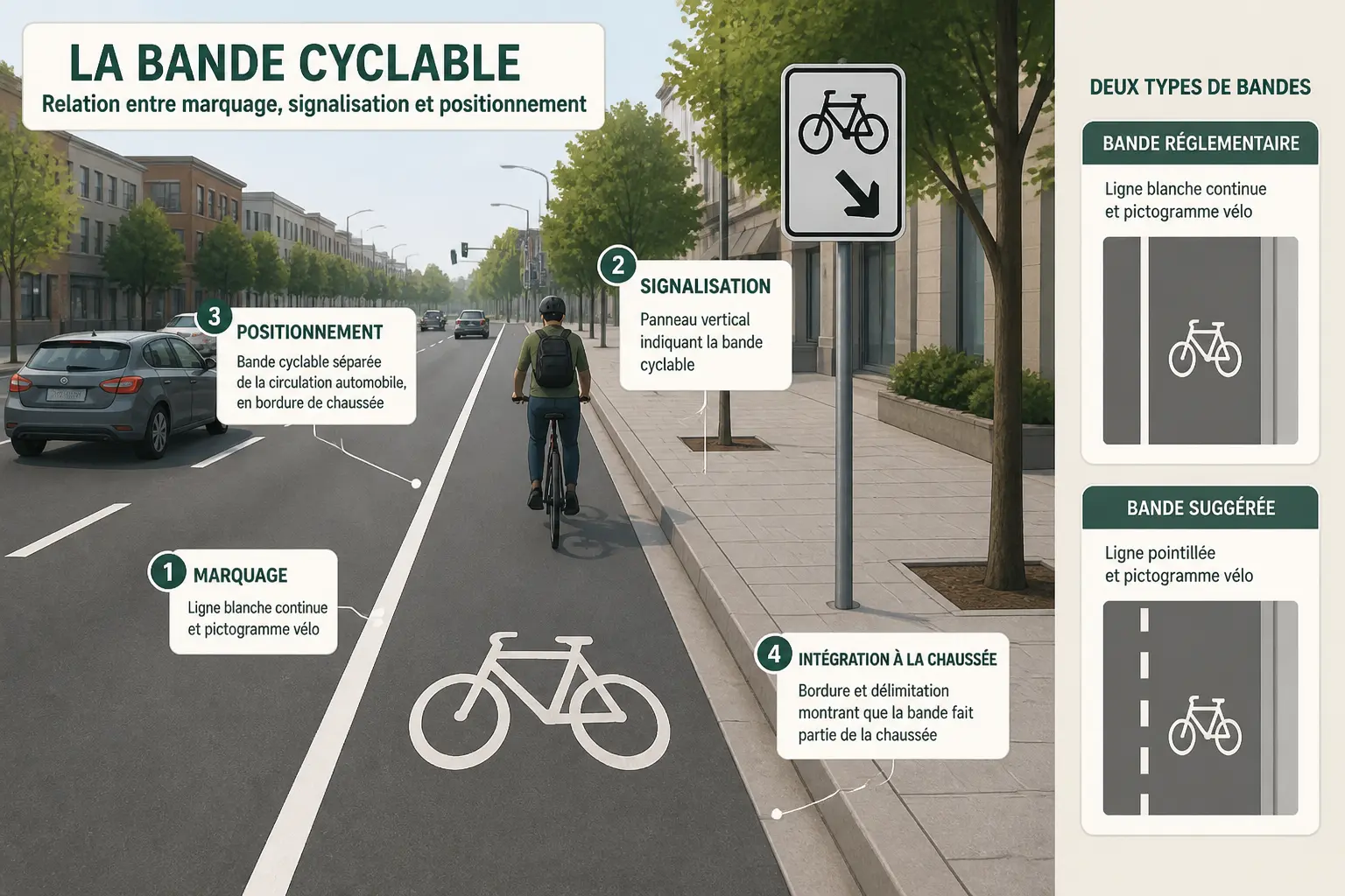 Bande cyclable urbaine avec marquage au sol, panneau vertical et séparation d’avec la circulation