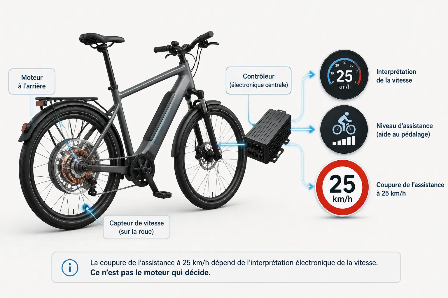 Débrider vélo électrique moteur roue arrière : moteur, capteur et limite 25 km/h en schéma clair.