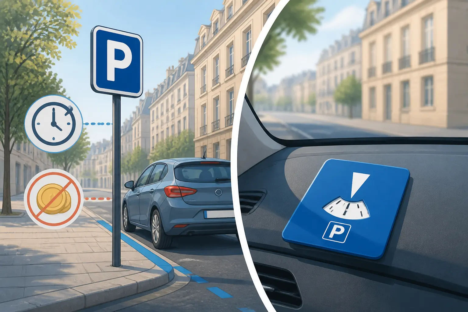 Durée stationnement zone bleue : panneau P, disque bleu sur tableau de bord et voiture au bord du trottoir.