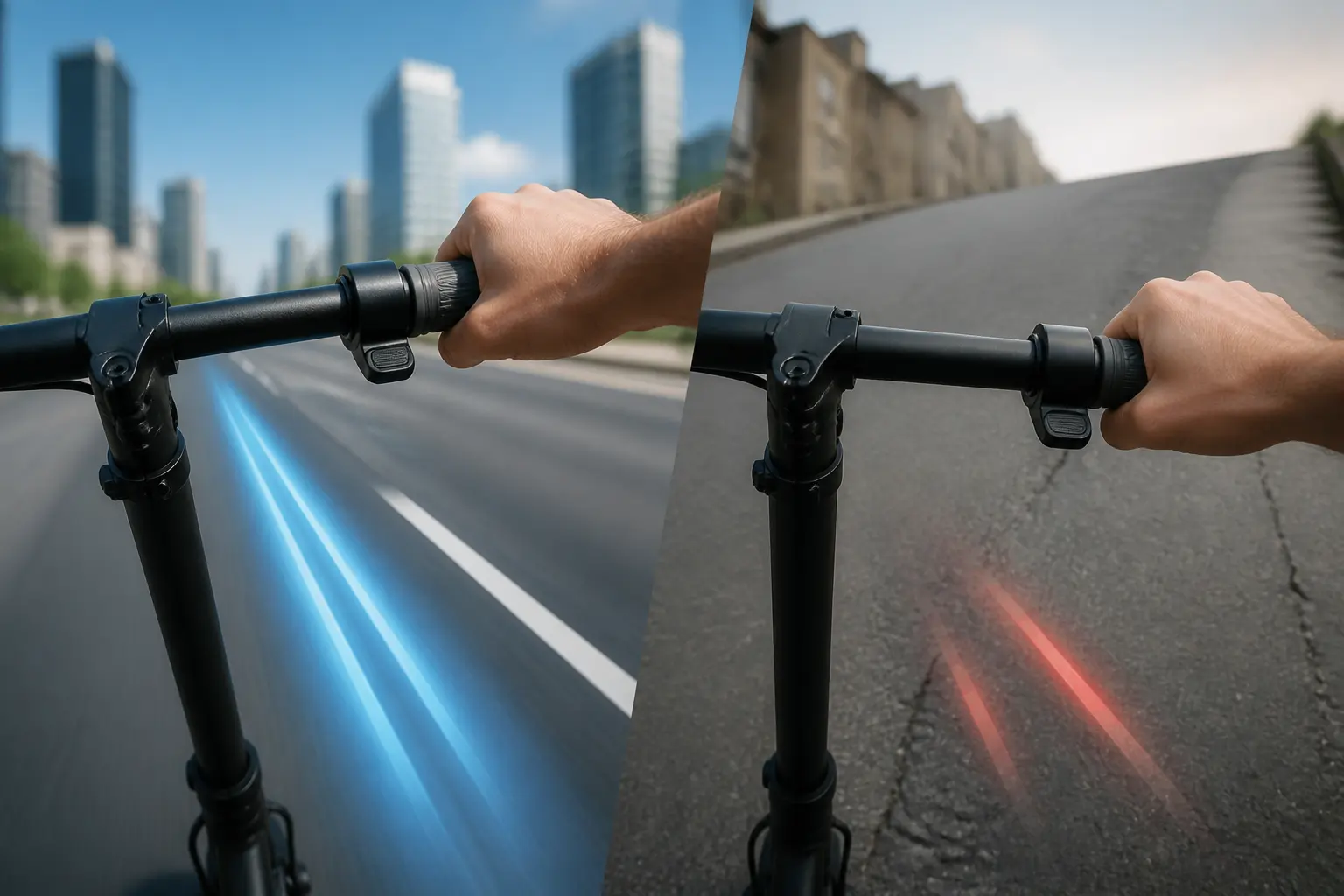 Trottinette electrique debrider : test sur légère pente, vitesse normale à plat et poussée réduite en montée.