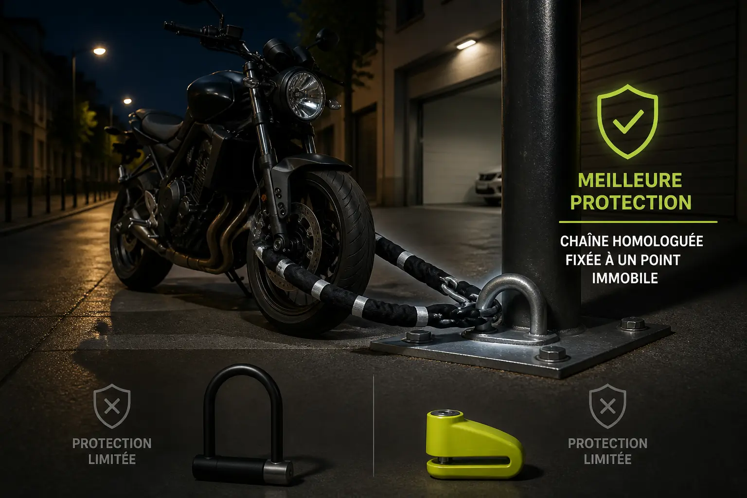 Antivol moto homologué assurance : chaîne fixée à un ancrage, U et bloque-disque en options secondaires.