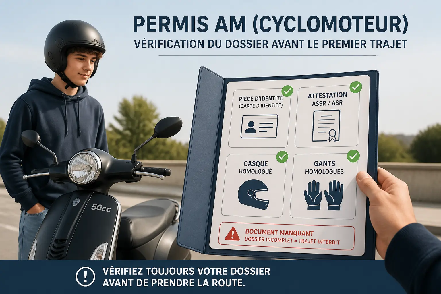 Dossier cee bsr cyclomoteur vérifié avant la première sortie, avec âge, ASSR/ASR, casque et gants