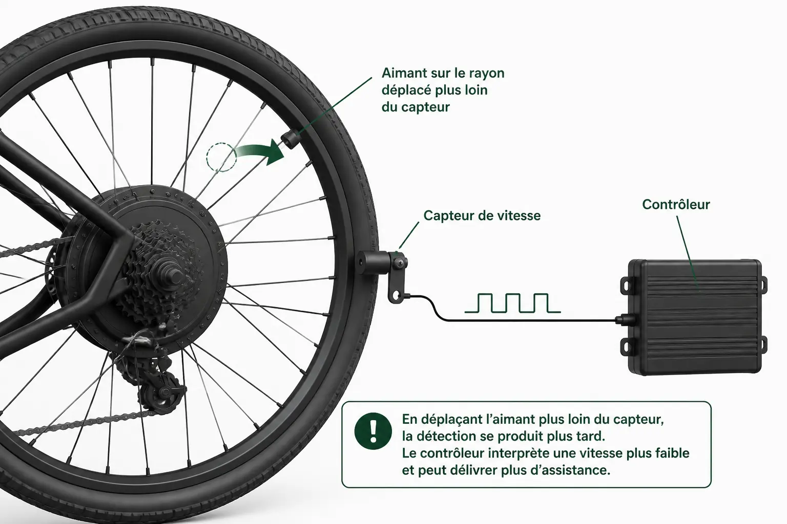 Débrider vélo électrique moteur roue arrière : schéma d’un capteur de vitesse trompé par un aimant déplacé