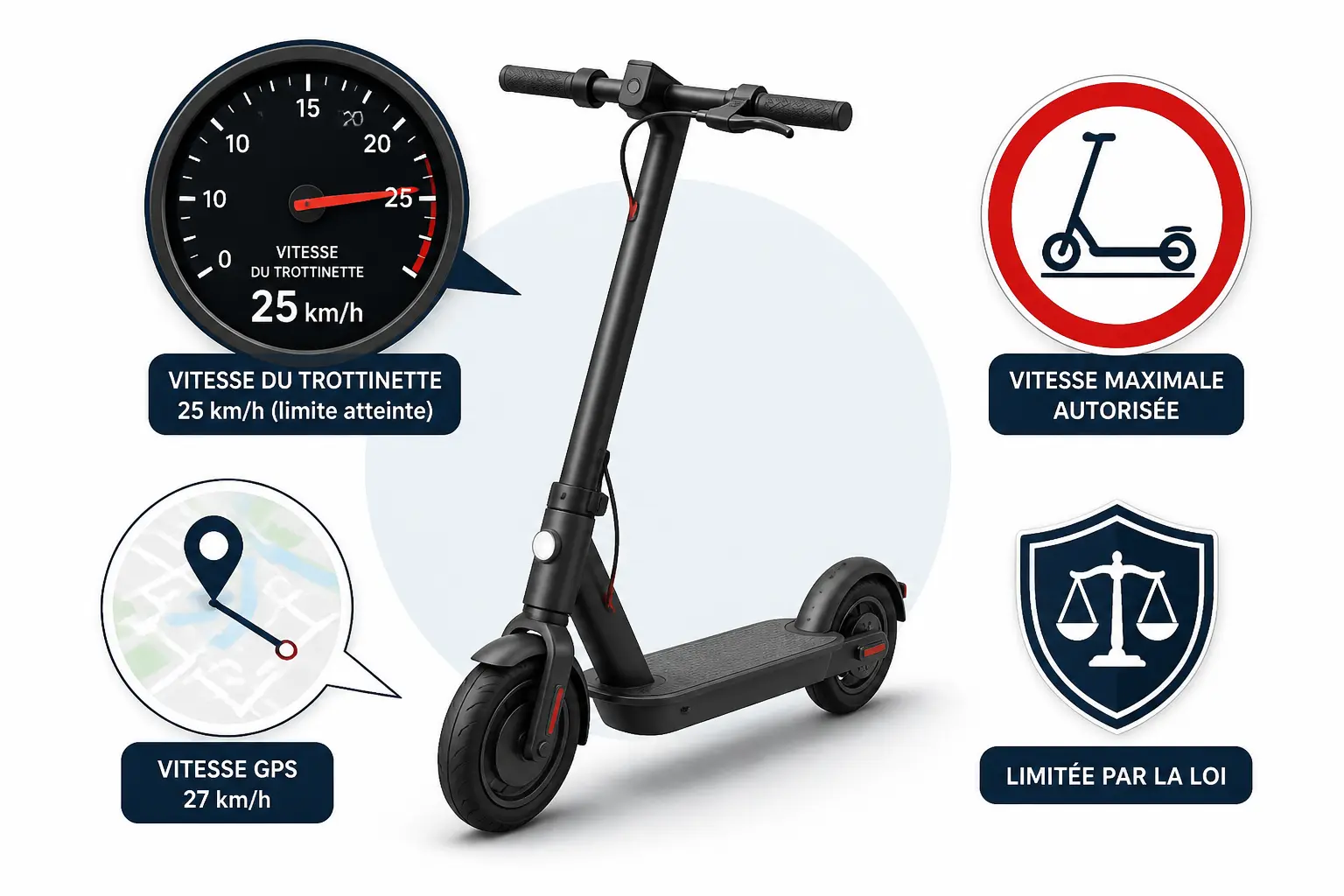 Trottinette electrique debrider : scooter électrique limité à 25 km/h, compteur, GPS et bouclier réglementaire.