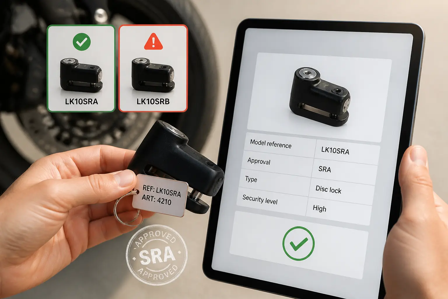Vérification d’un antivol moto homologué assurance avec référence produit, datasheet et badge SRA