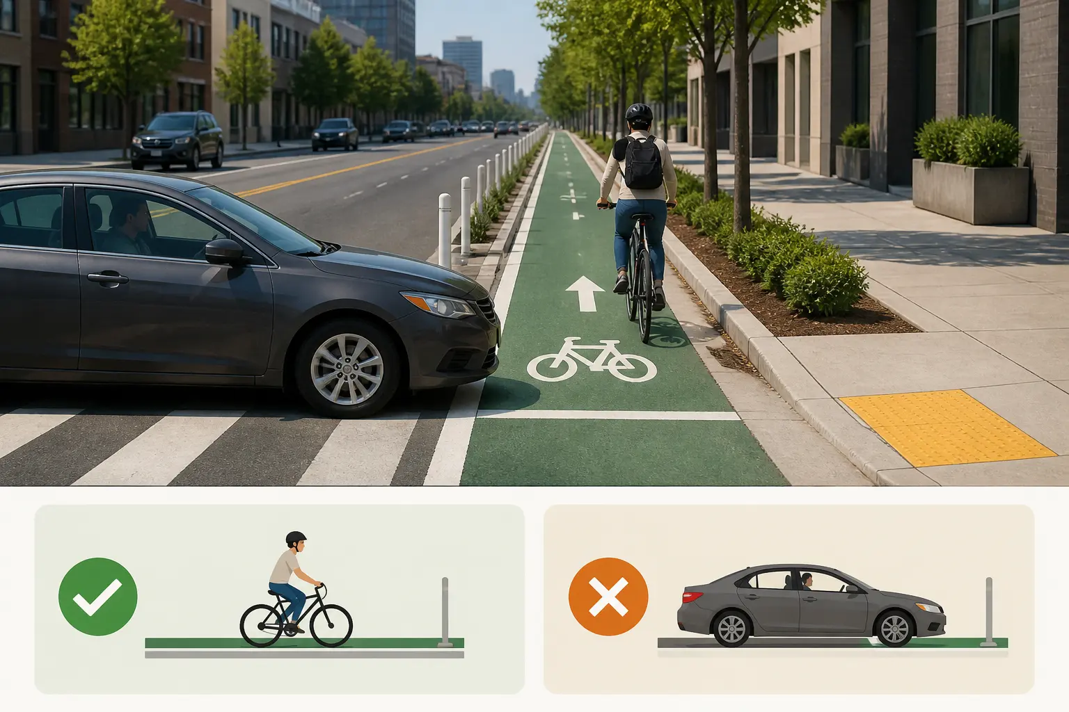 Cycliste sur une bande cyclable, voiture franchissant brièvement la ligne à un passage autorisé.