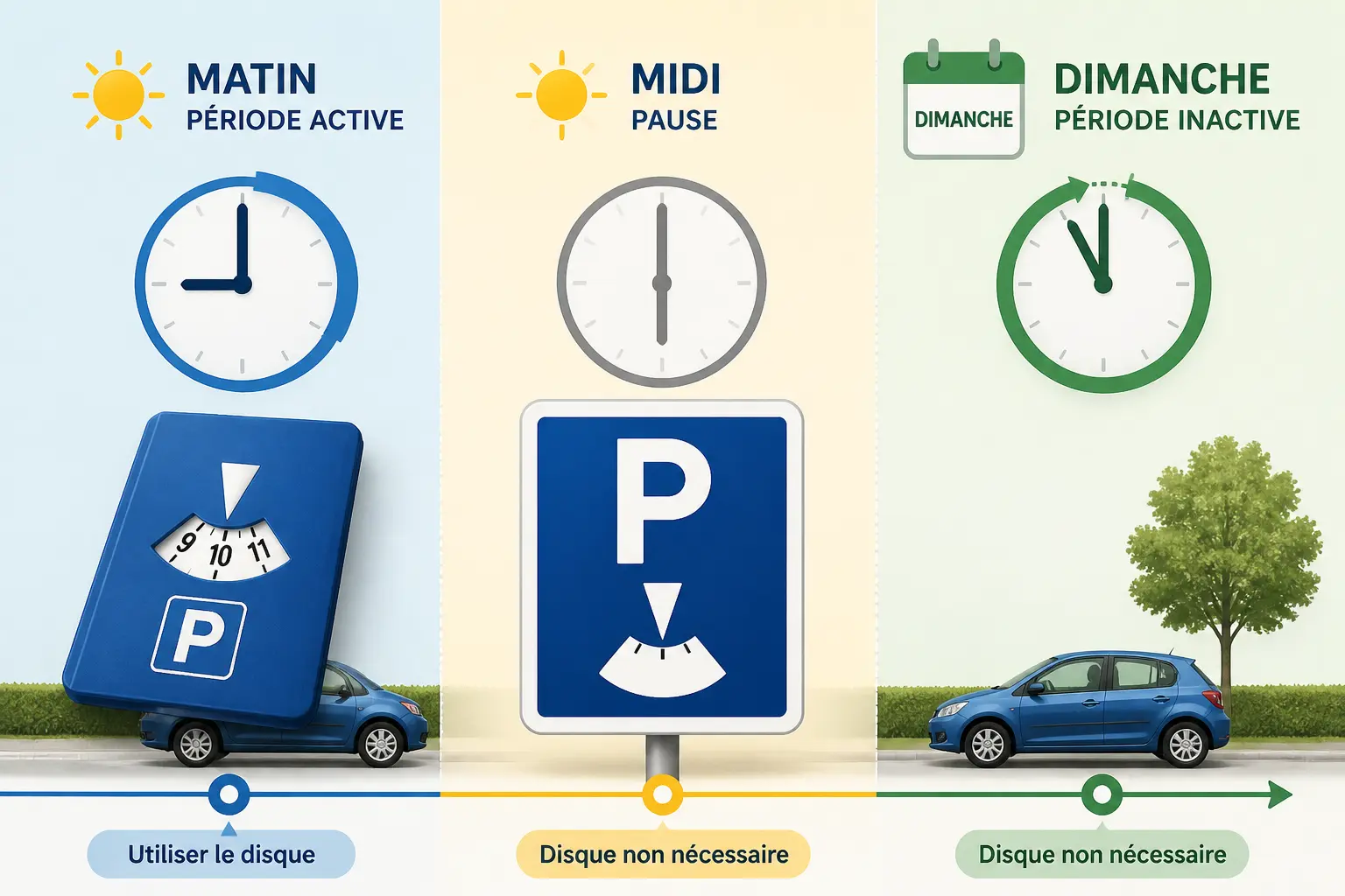 Infographie sur la durée stationnement zone bleue : matin actif, midi pause, dimanche inactif.