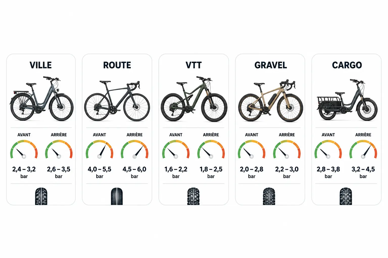 Tableau de pression pneu vélo électrique pour ville, route, VTT, gravel et cargo, avec repères de pression.