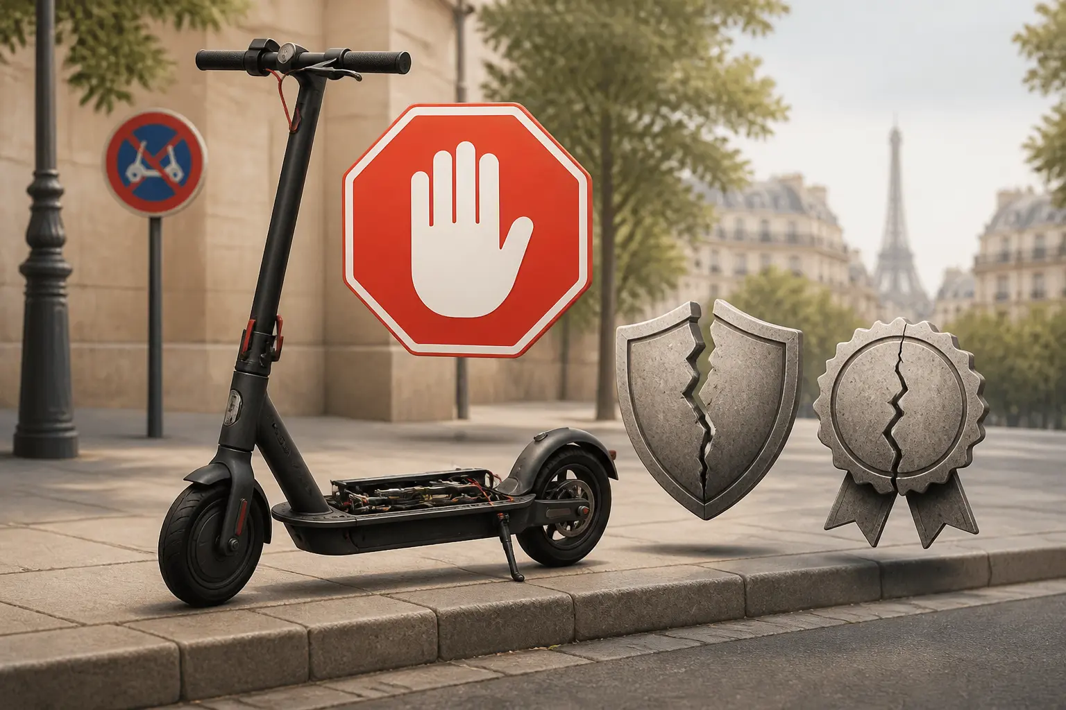 Trottinette electrique debrider à un trottoir français, avec stop légal, assurance fissurée et garantie rompue