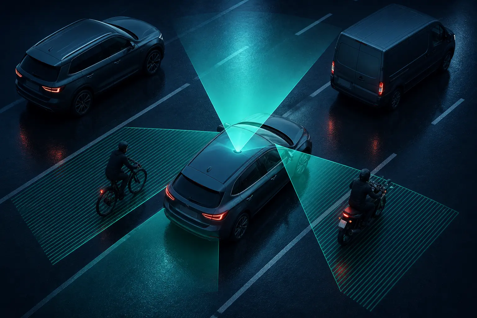 Angle mort voiture : schéma vu du dessus montrant les zones invisibles autour d’une voiture, vélo et moto partiellement cachés.