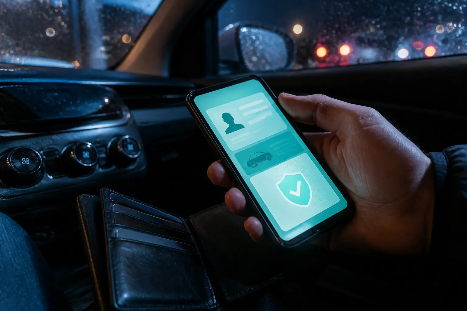 Main dans une voiture de nuit, smartphone affichant une attestation de droit à conduire, portefeuille ouvert à côté.