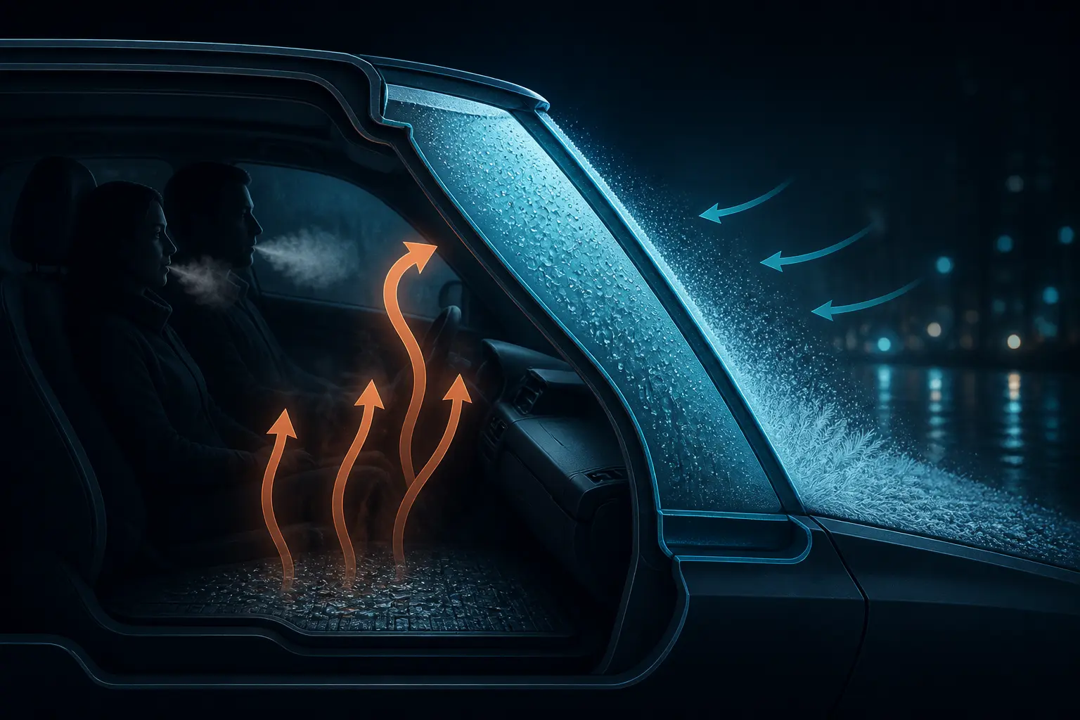 Buée dans la voiture : schéma montrant l’air humide intérieur formant des gouttelettes sur le pare-brise froid.