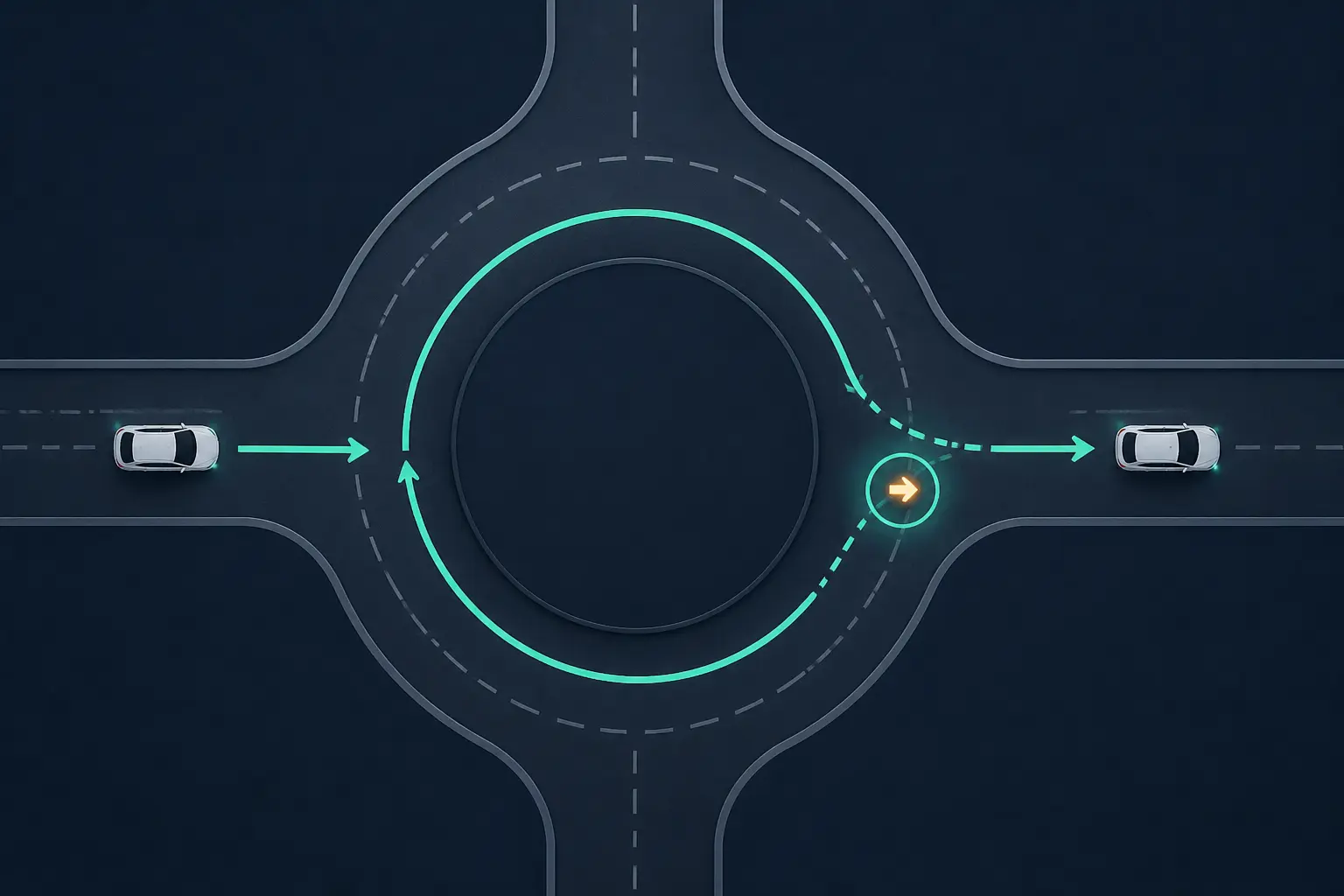 Clignotant rond point : schéma d’un rond-point vu du dessus, voiture entrant et sortie à droite indiquée par une flèche.