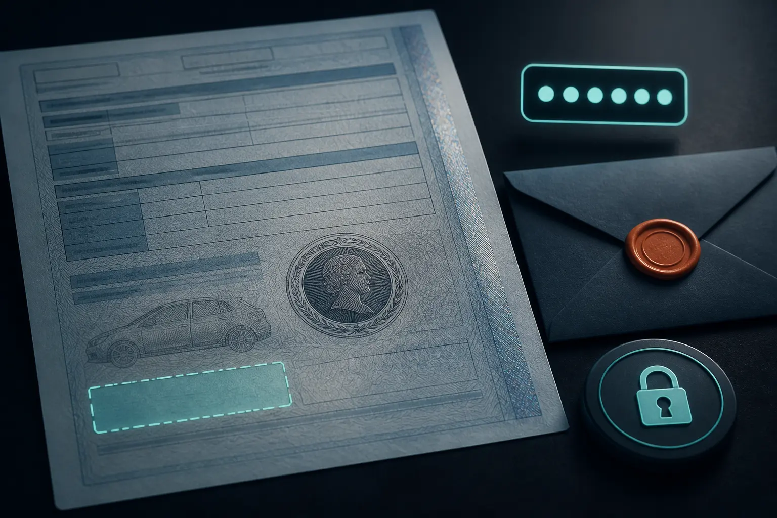 Illustration du code confidentiel carte grise : certificat, code séparé, enveloppe scellée et cadenas en ligne sécurisée