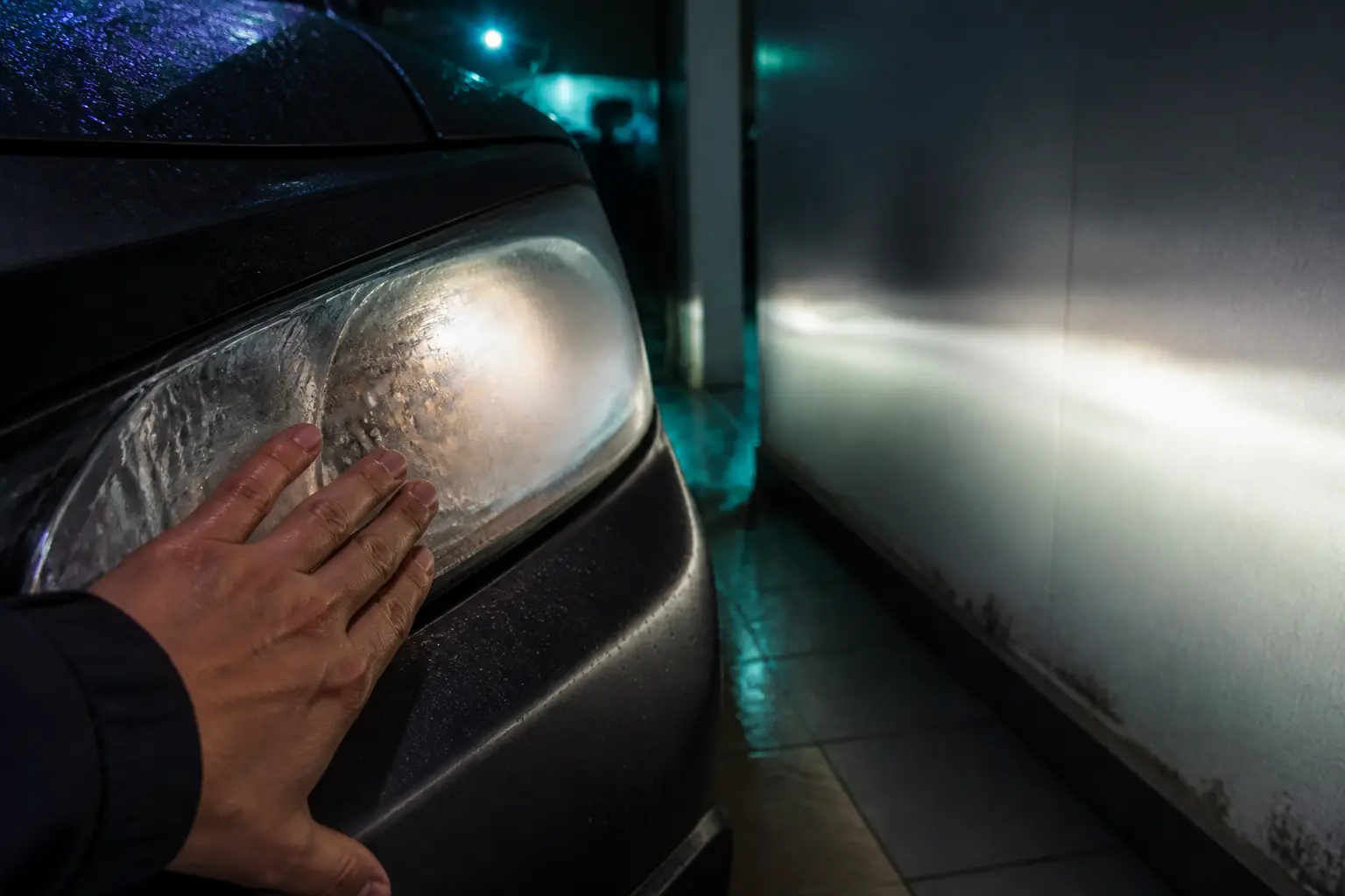 Inspection d’un phare terni pour comment nettoyer un phare de voiture, avec voile, humidité et faisceau projeté sur un mur.