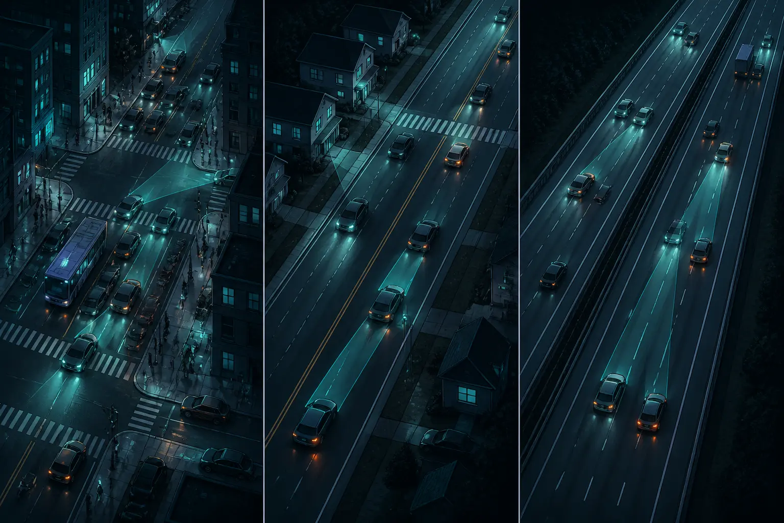 Conduite urbaine comparée à la route et à l’autoroute : intersections, piétons, bus, circulation fluide et visibilité réduite