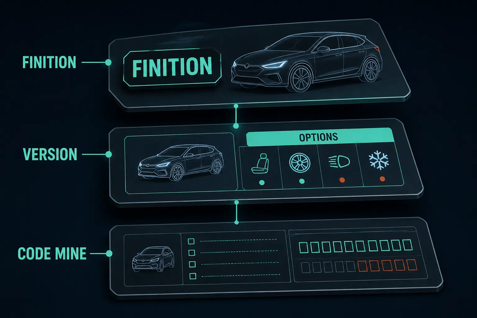 Infographie sombre en 3 niveaux pour connaitre la finition de sa voiture : finition, version, code MINE, options.