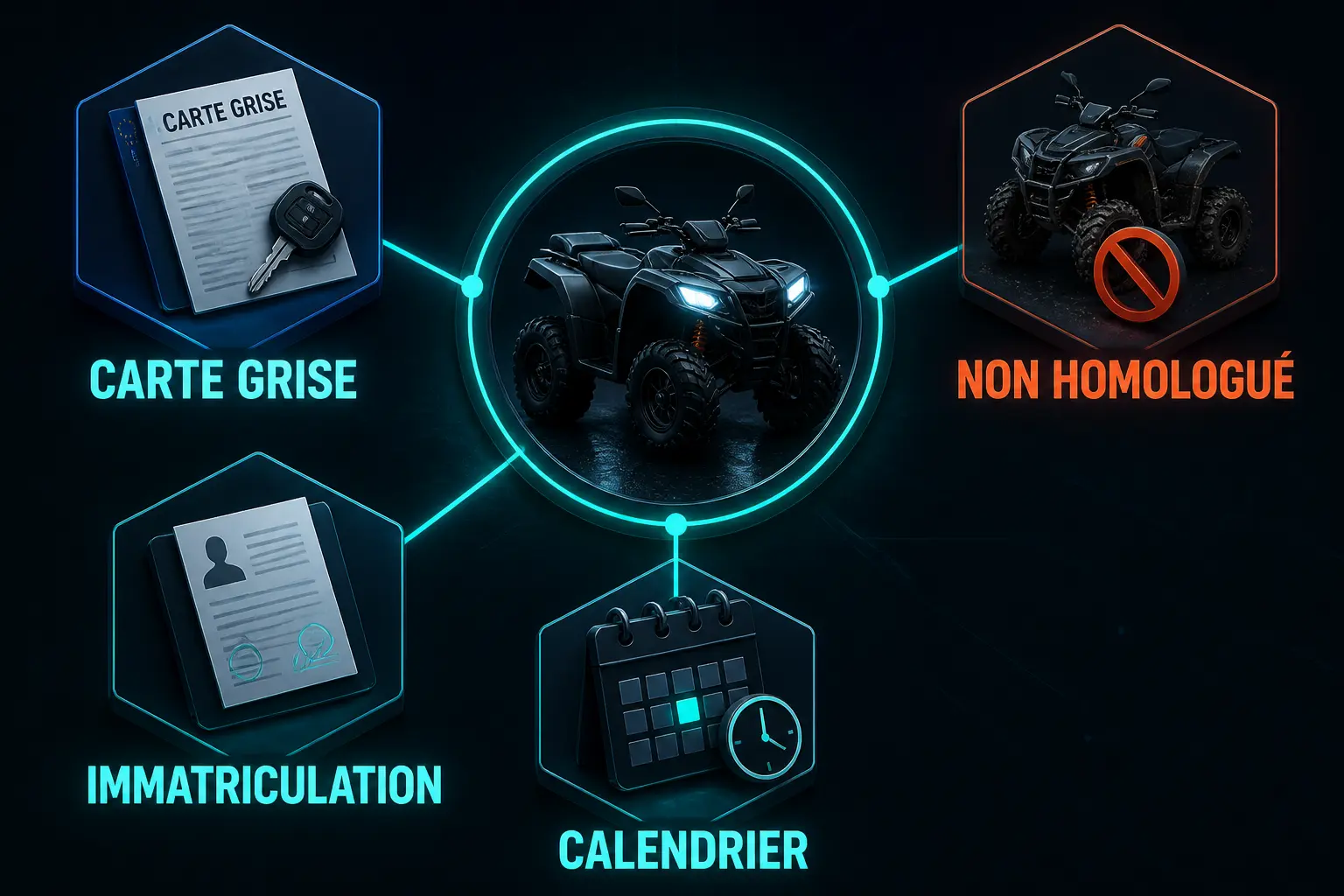 Infographie sur le controle technique quad : schéma décisionnel des quads catégorie L, immatriculation, non homologué, calendrier.