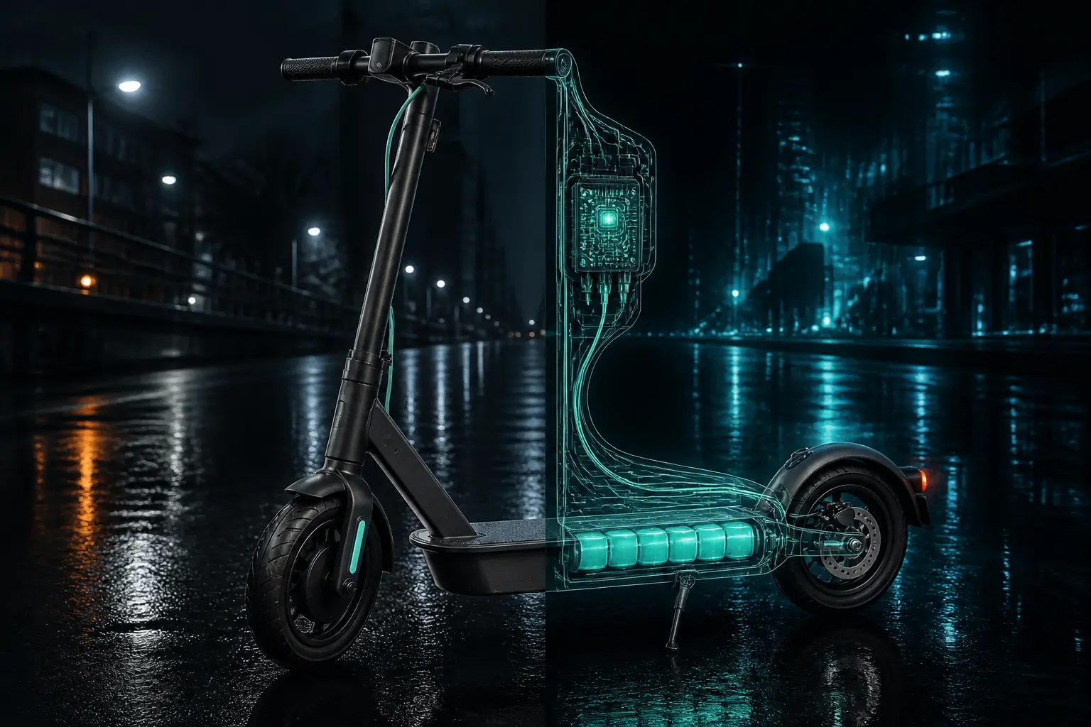 Débrider trottinette xiaomi : scooter Xiaomi en coupe technique, nuit urbaine mouillée, tension entre usage légal et modifié