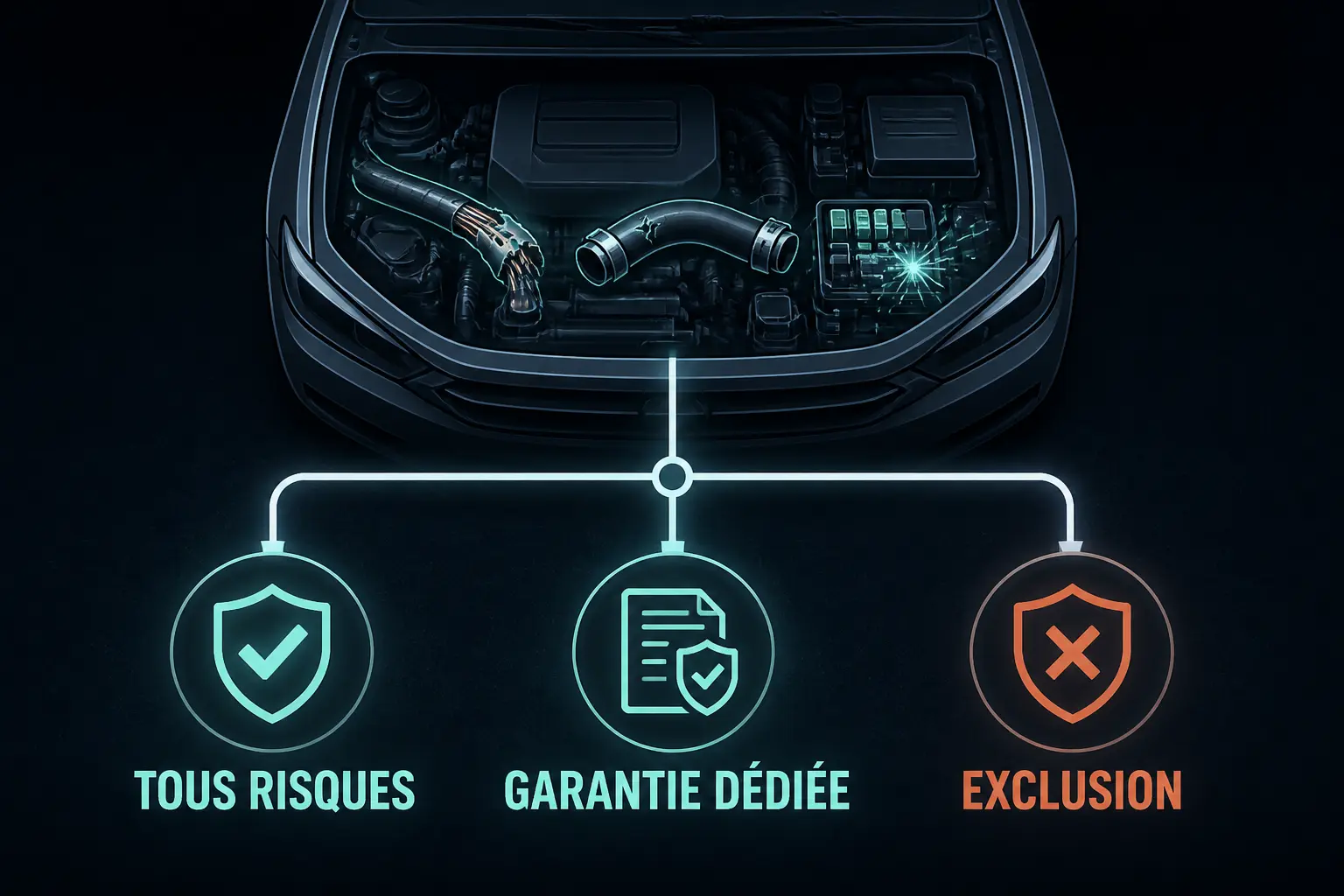Infographie sur le dégât rongeur voiture assurance : voiture avec câble rongé, durite fissurée et schéma de garantie TOUS RISQUES, GARANTIE DÉDIÉE ou EXCLUSION.