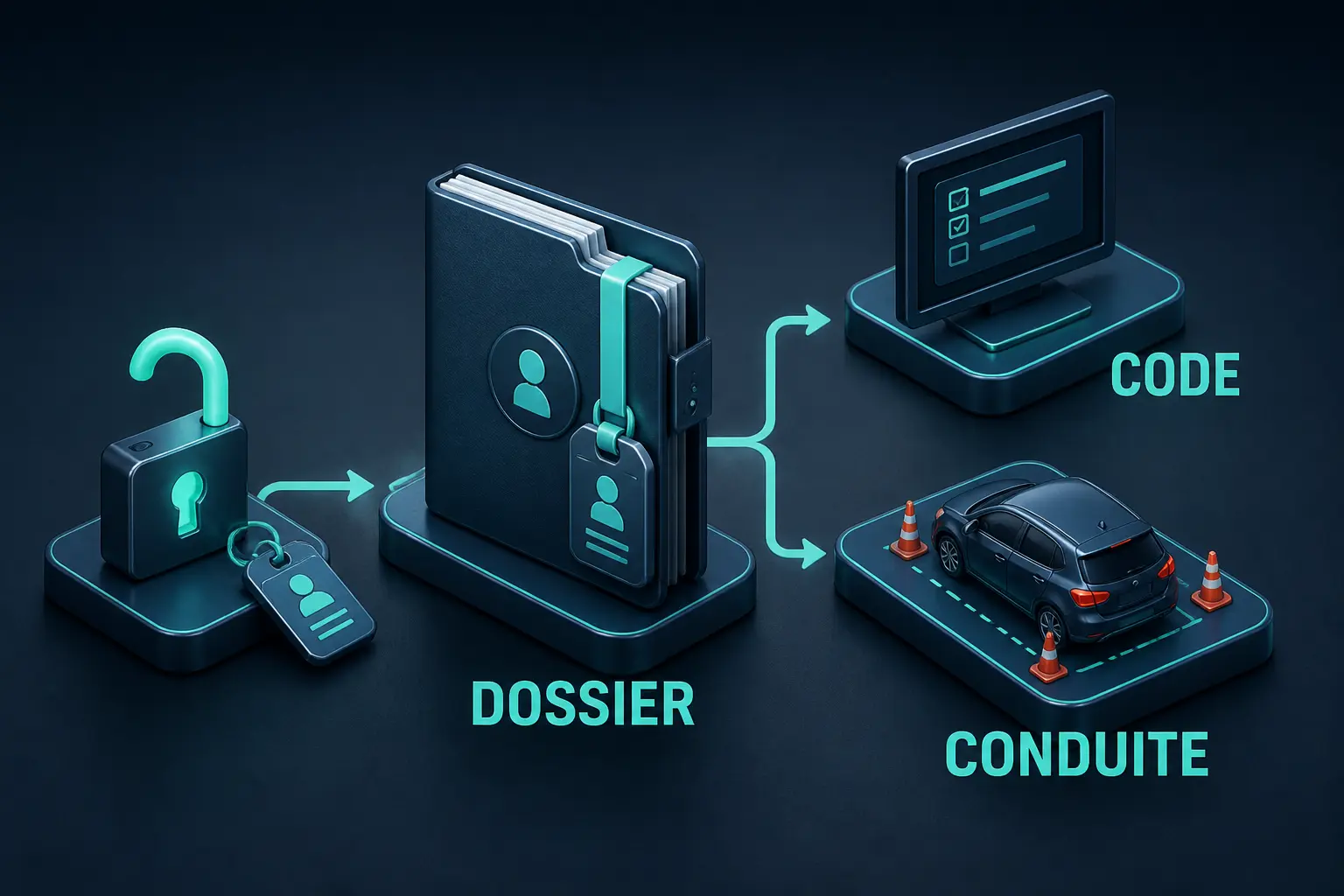 Infographie de demande numero neph : dossier administratif, code et conduite reliés par des flèches, cadenas ouvert.