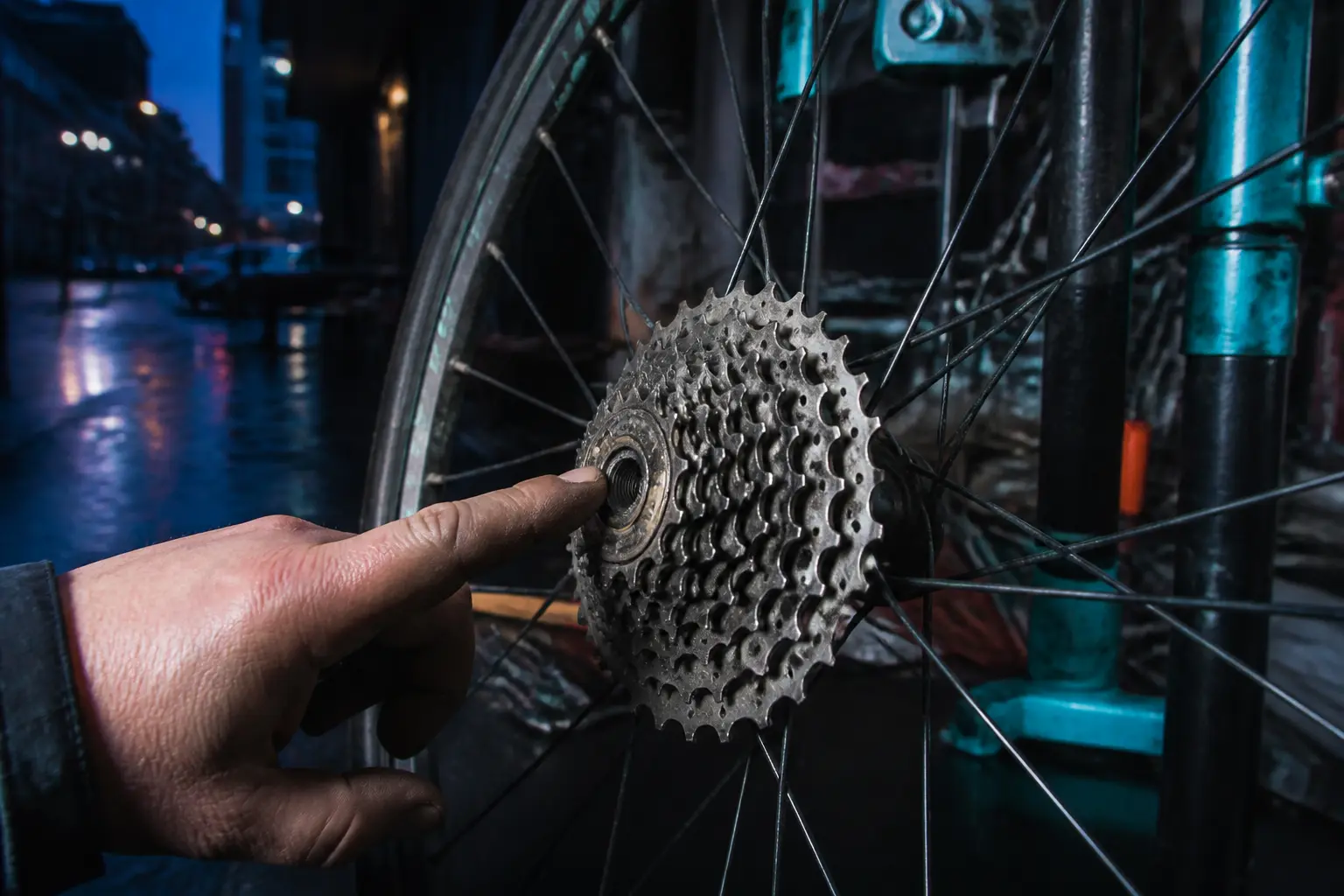 demonter cassette velo : main pointant la cassette et le lockring d’une roue arrière de vélo en atelier urbain humide