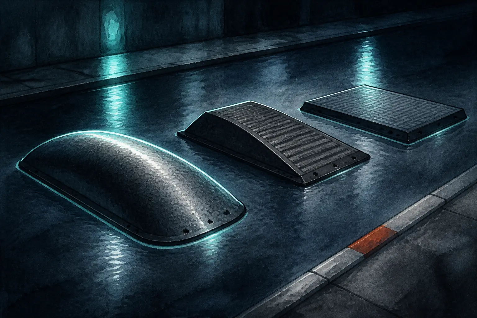 Dos d’âne en illustration urbaine nocturne : comparaison d’un ralentisseur arrondi, d’un dos d’âne et d’un coussin sur chaussée mouillée