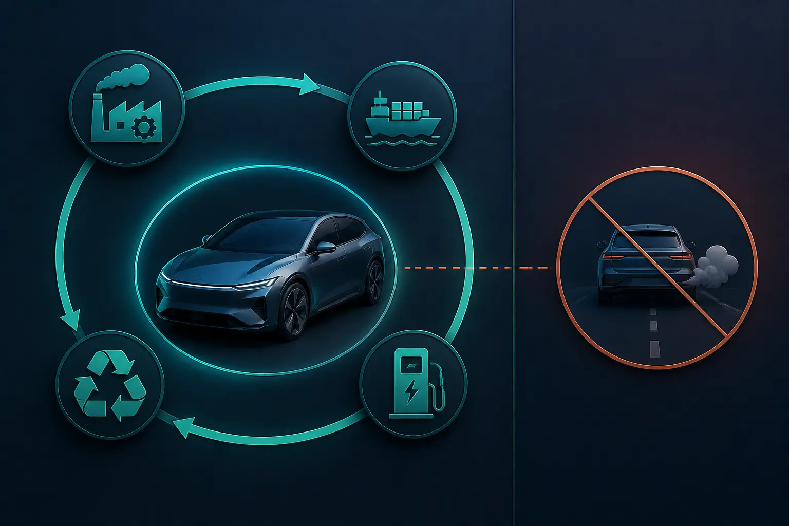 Infographie sur l’ecoscore voiture : voiture électrique au centre, cycle de vie, impacts usine, transport, usage, recyclage et émissions routières séparées.