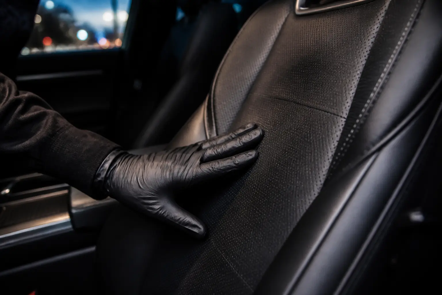 Main gantée inspectant un siège en cuir de voiture avant nettoyage, pour un entretien cuir voiture sans l’abîmer
