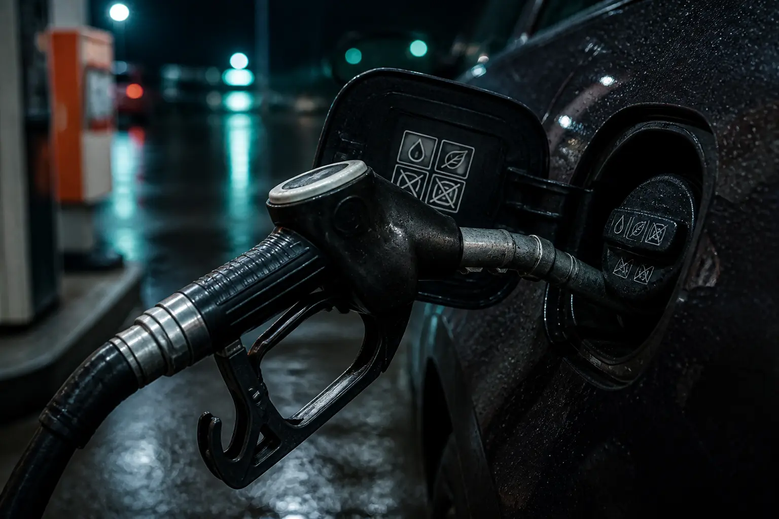 Nozzle de pompe et trappe à carburant en gros plan, marquages de compatibilité pour essence e5, nuit humide.