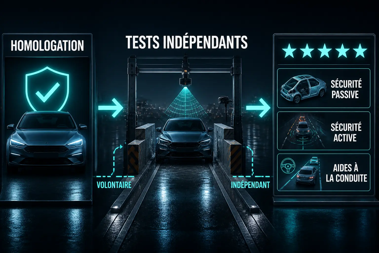 Infographie euro ncap : homologation légale, tests indépendants, sécurité passive et aides à la conduite avec étoiles.