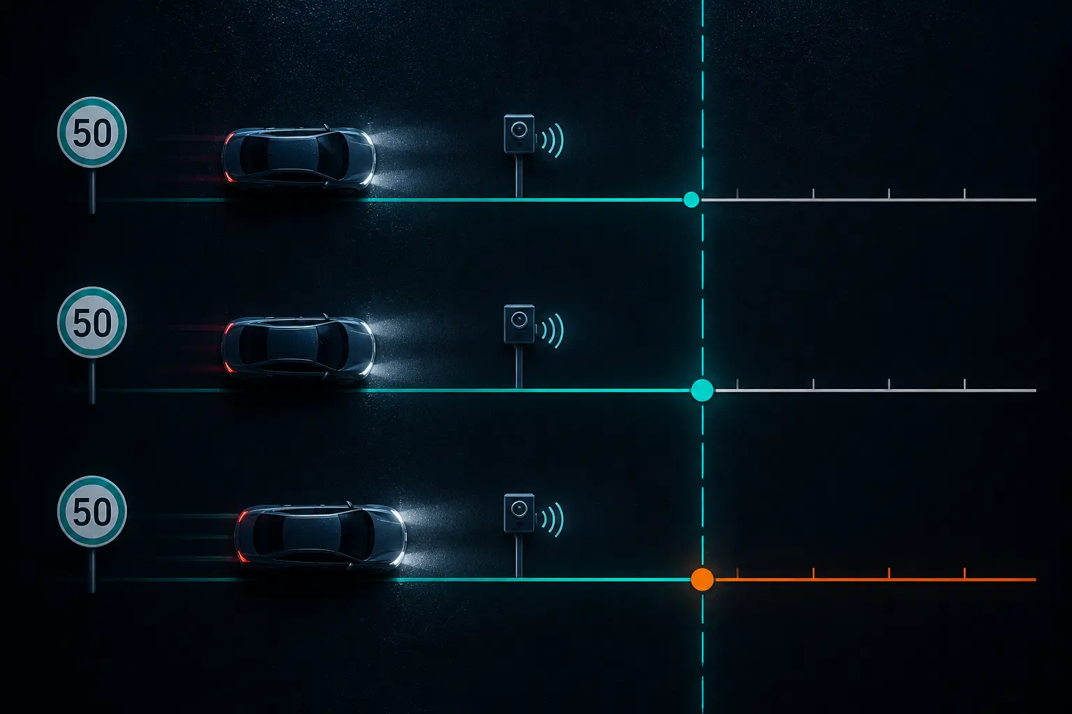 Infographie comparant 49 et 50 km/h au-dessus, seuil de exces de vitesse 50 km h au dessus, radar et limite 50.