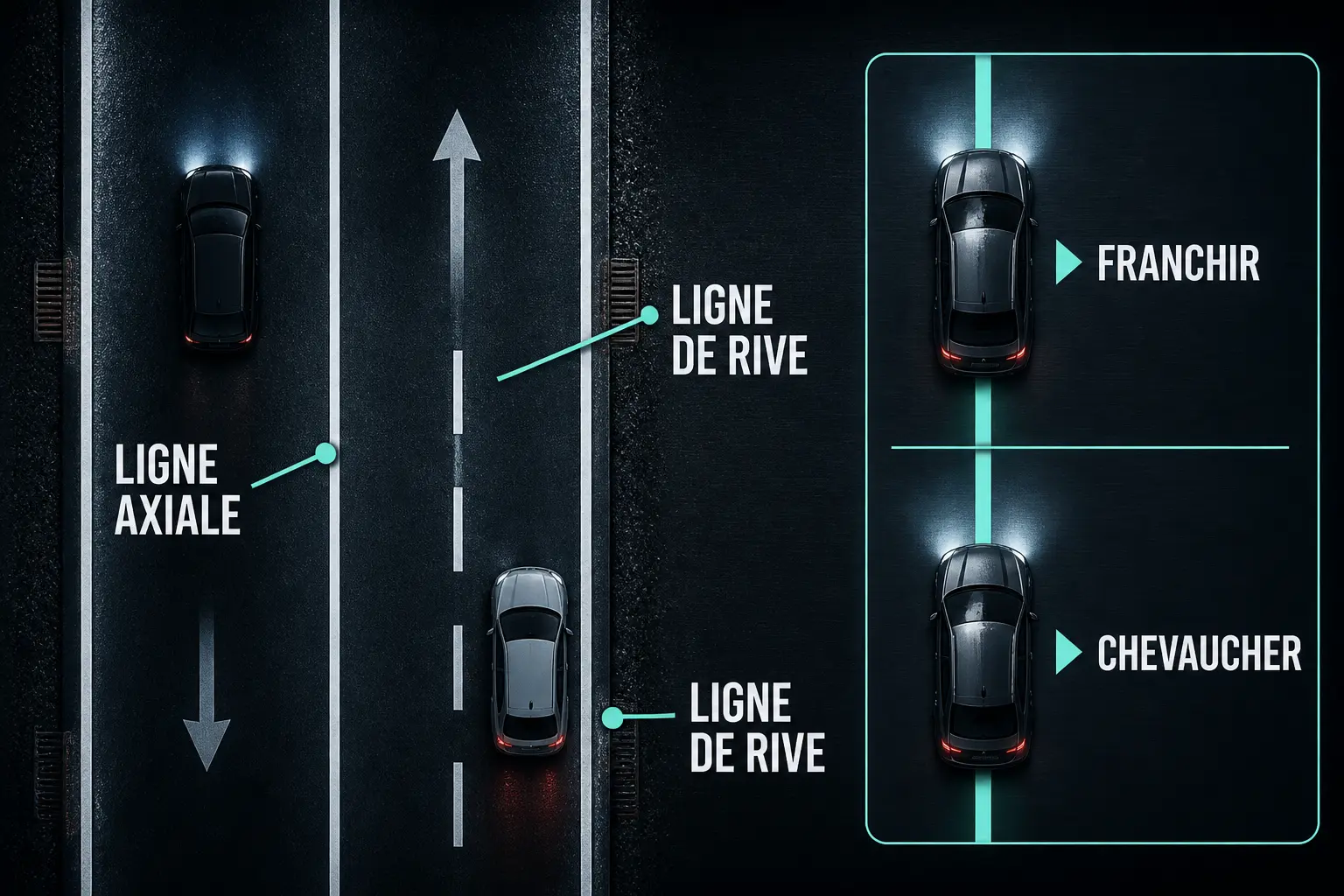 Schéma routier du franchissement ligne blanche : ligne axiale, ligne de rive, franchir ou chevaucher, vue de dessus.