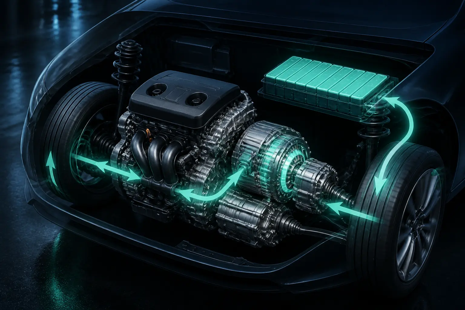 Hybride non rechargeable en coupe : moteur thermique, moteur électrique, batterie et freinage régénératif en action
