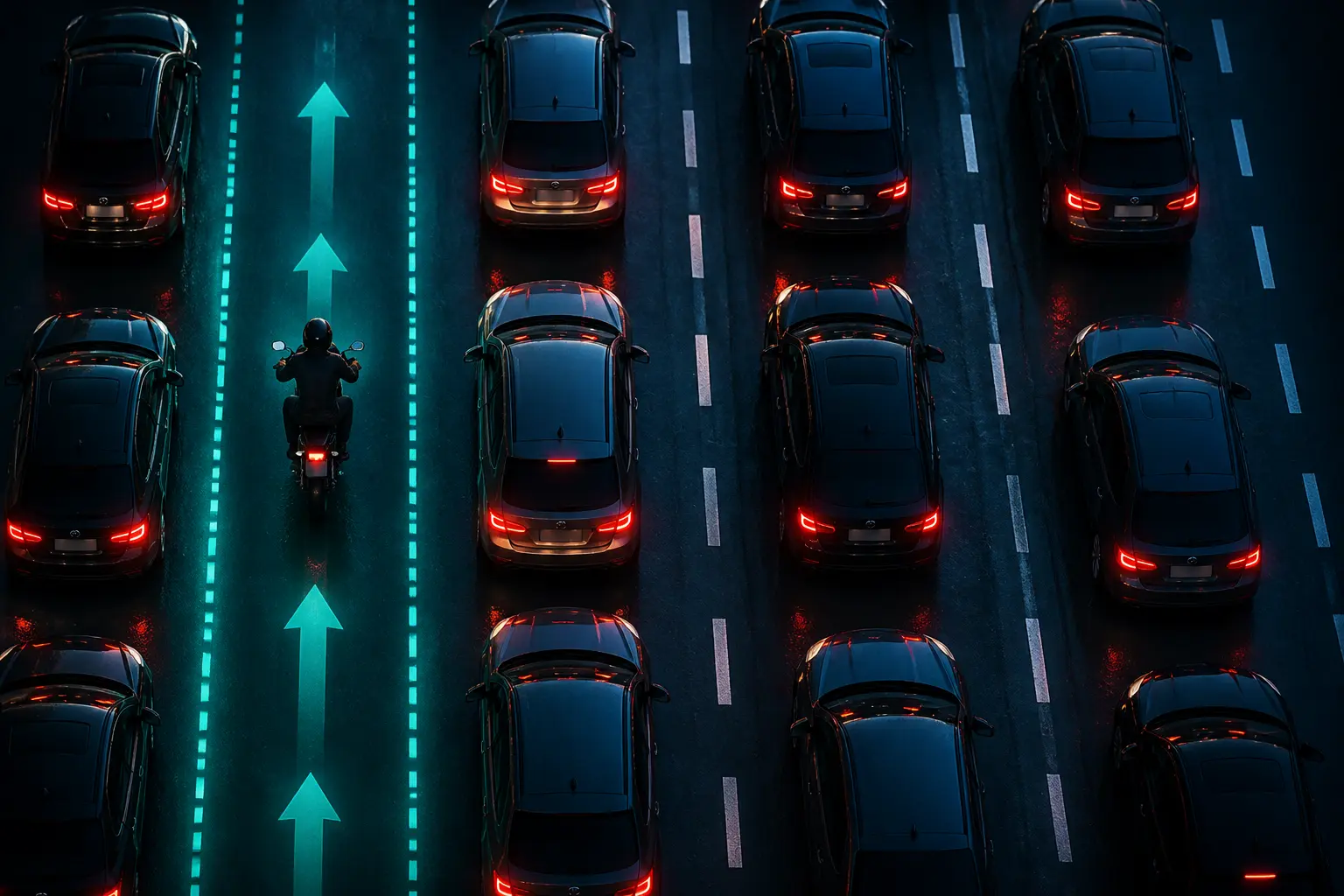 Interfile moto sur route urbaine nocturne : moto entre deux files de voitures à l’arrêt, couloir légal mis en évidence.