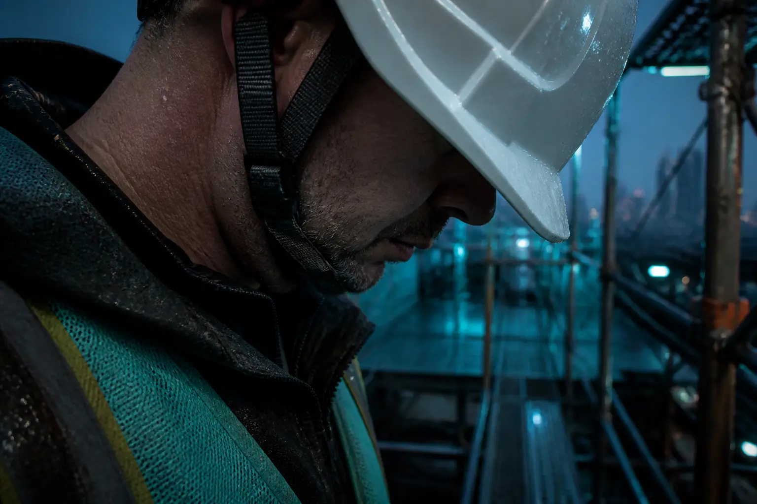 Jugulaire casque serrée sous le menton d’un casque de chantier, maintenant la tête baissée sur un chantier urbain humide au crépuscule