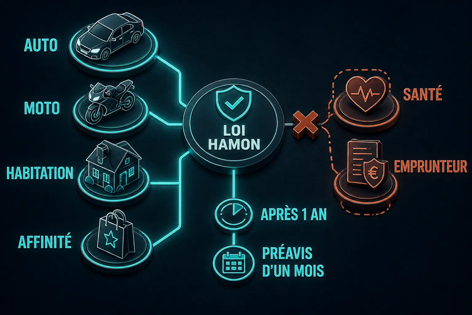 Infographie sur la loi hamon et résiliation : contrats auto, moto, habitation et exclus, avec repère après 1 an.