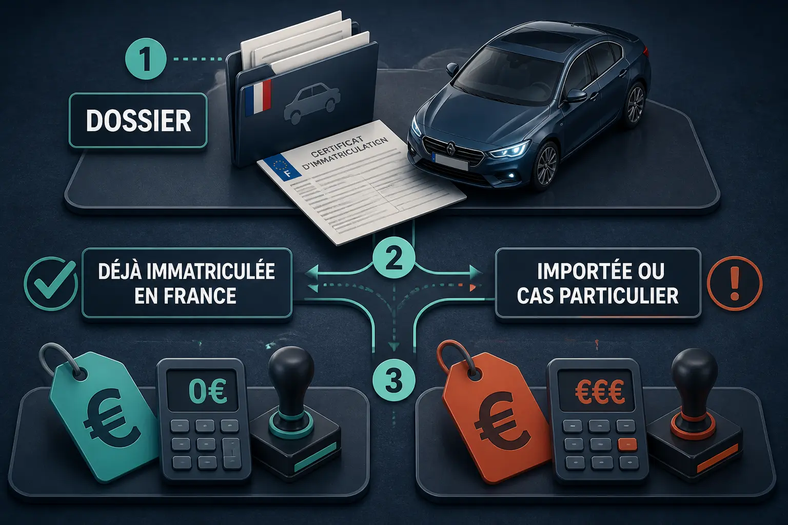 Infographie sur le malus voiture occasion 2026 : dossier d’une voiture d’occasion, historique, facture et import, avec coût variable selon l’immatriculation.
