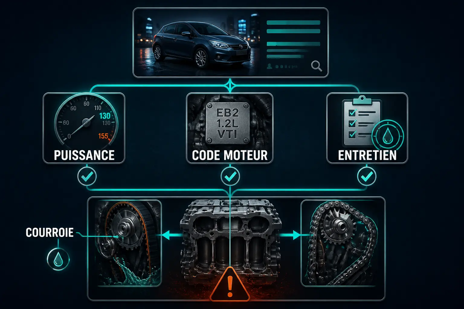 Schéma éditorial moteur puretech a eviter : puissance, code moteur, entretien et courroie pour repérer les versions à risque.