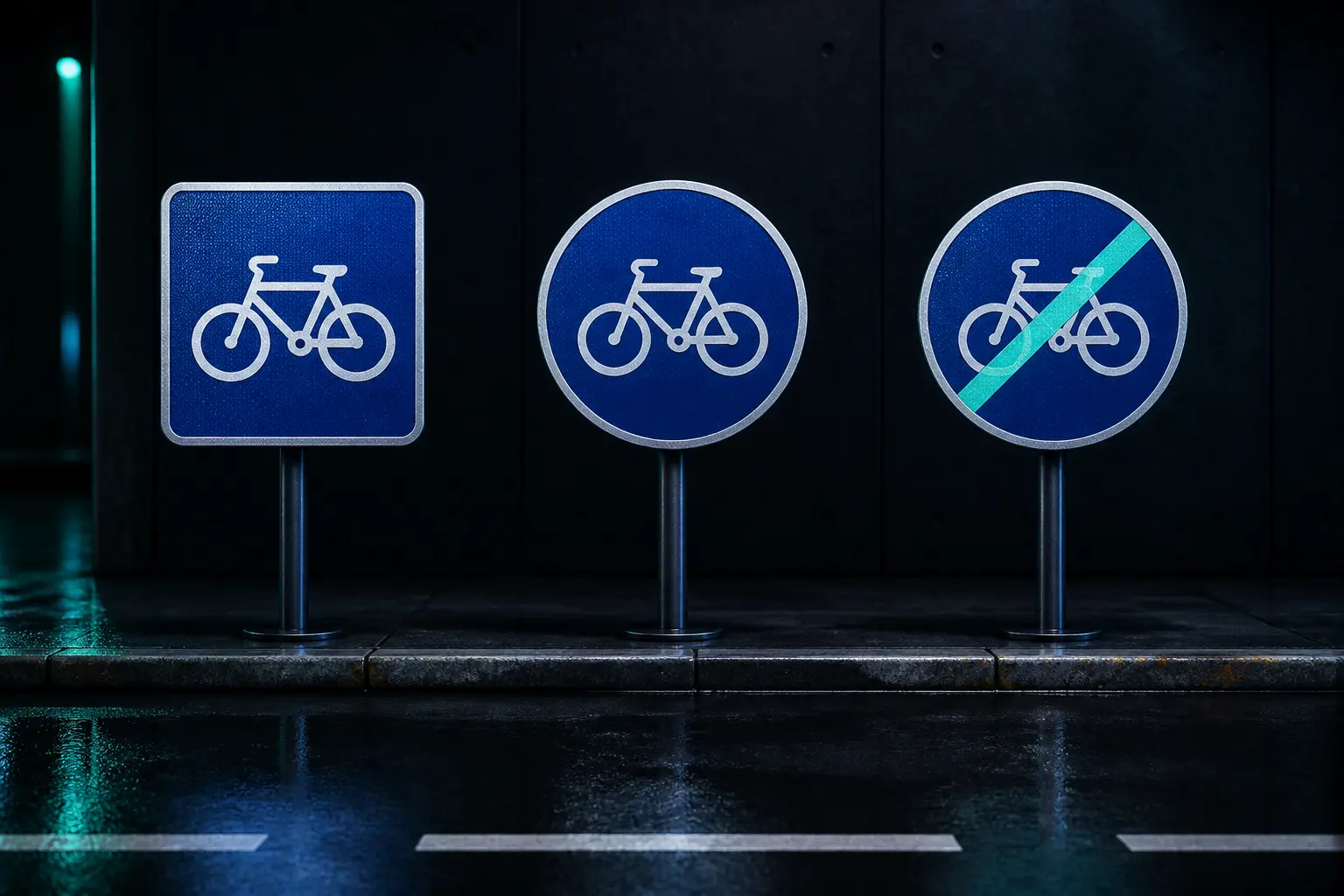 Panneau piste cyclable : trois pictogrammes bleus, carré, rond et barré, sur fond urbain sombre.