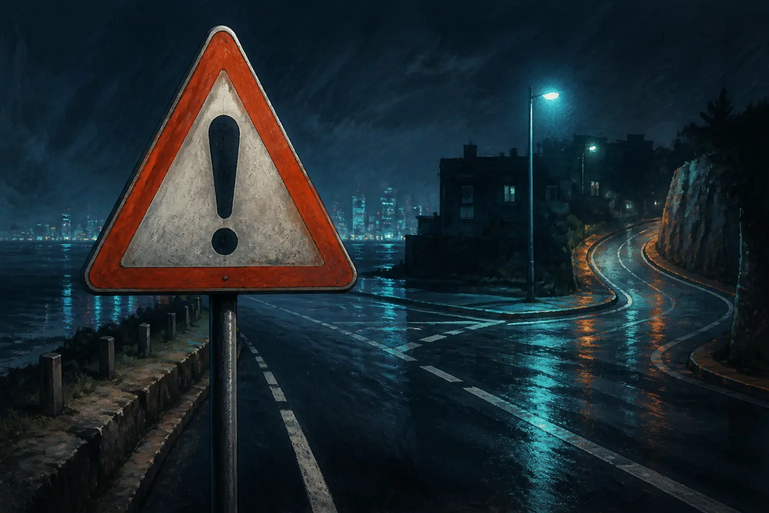 Panneau triangle d’avertissement en gros plan, route urbaine humide et carrefour flou en arrière-plan, danger à lire avant le pictogramme