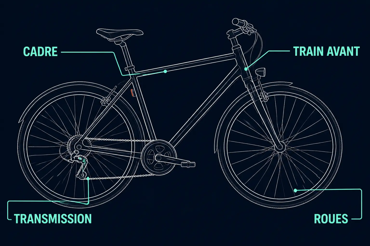 Schéma des parties d'un velo avec cadre, train avant, transmission et roues, en infographie technique claire.
