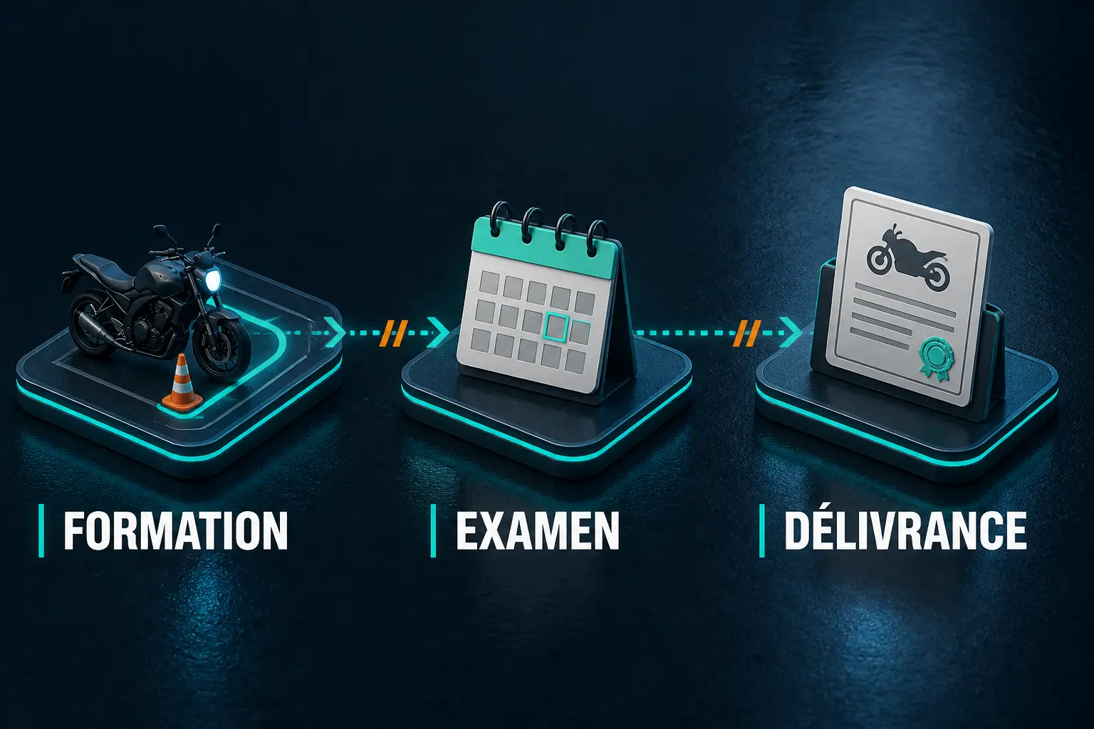 Infographie du permis moto accéléré en 3 étapes : formation, examen puis délivrance du permis.