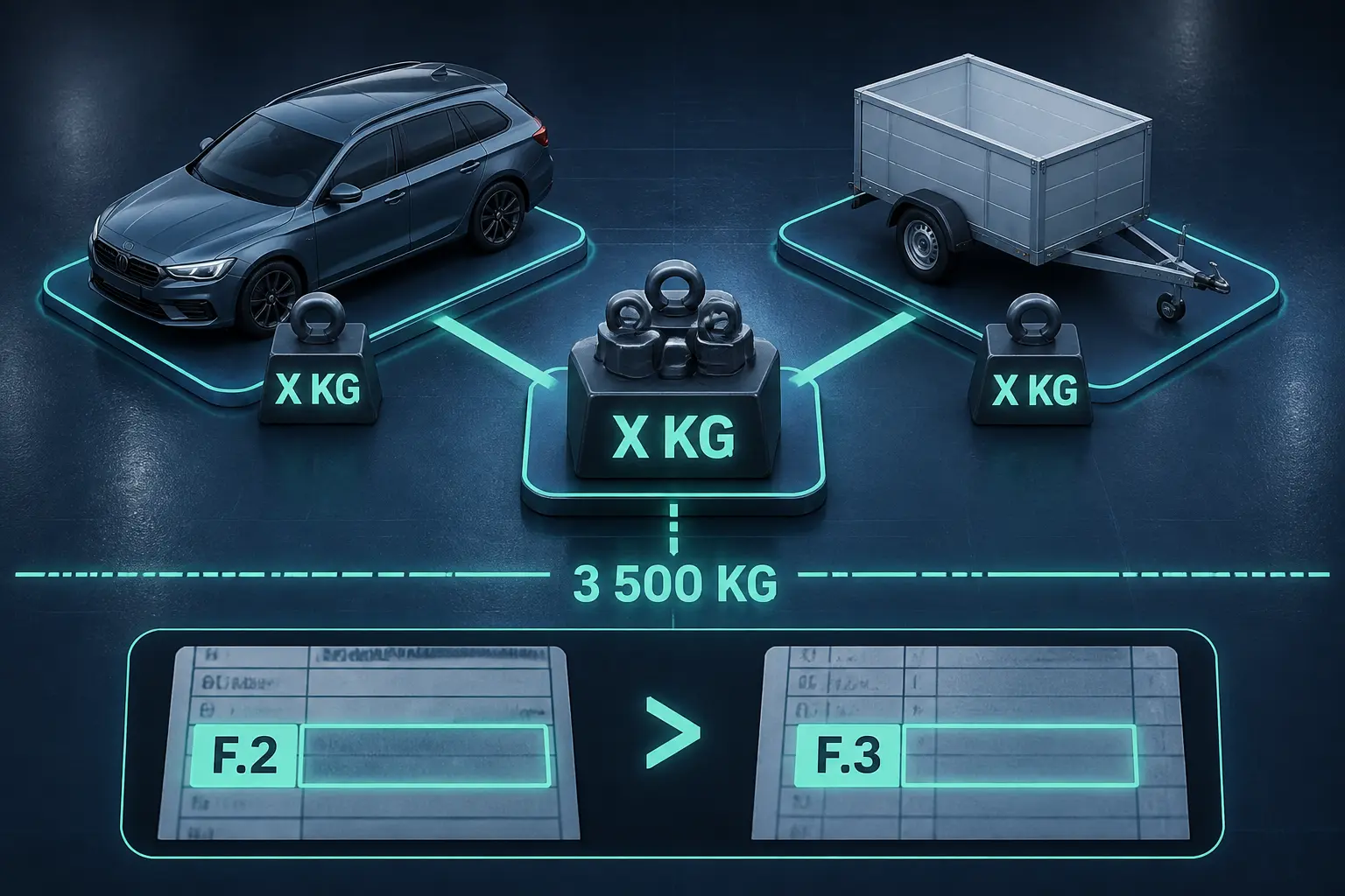 Infographie du permis remorque b96 montrant le seuil 3 500 kg entre voiture, remorque et champs F.2/F.3 du certificat.