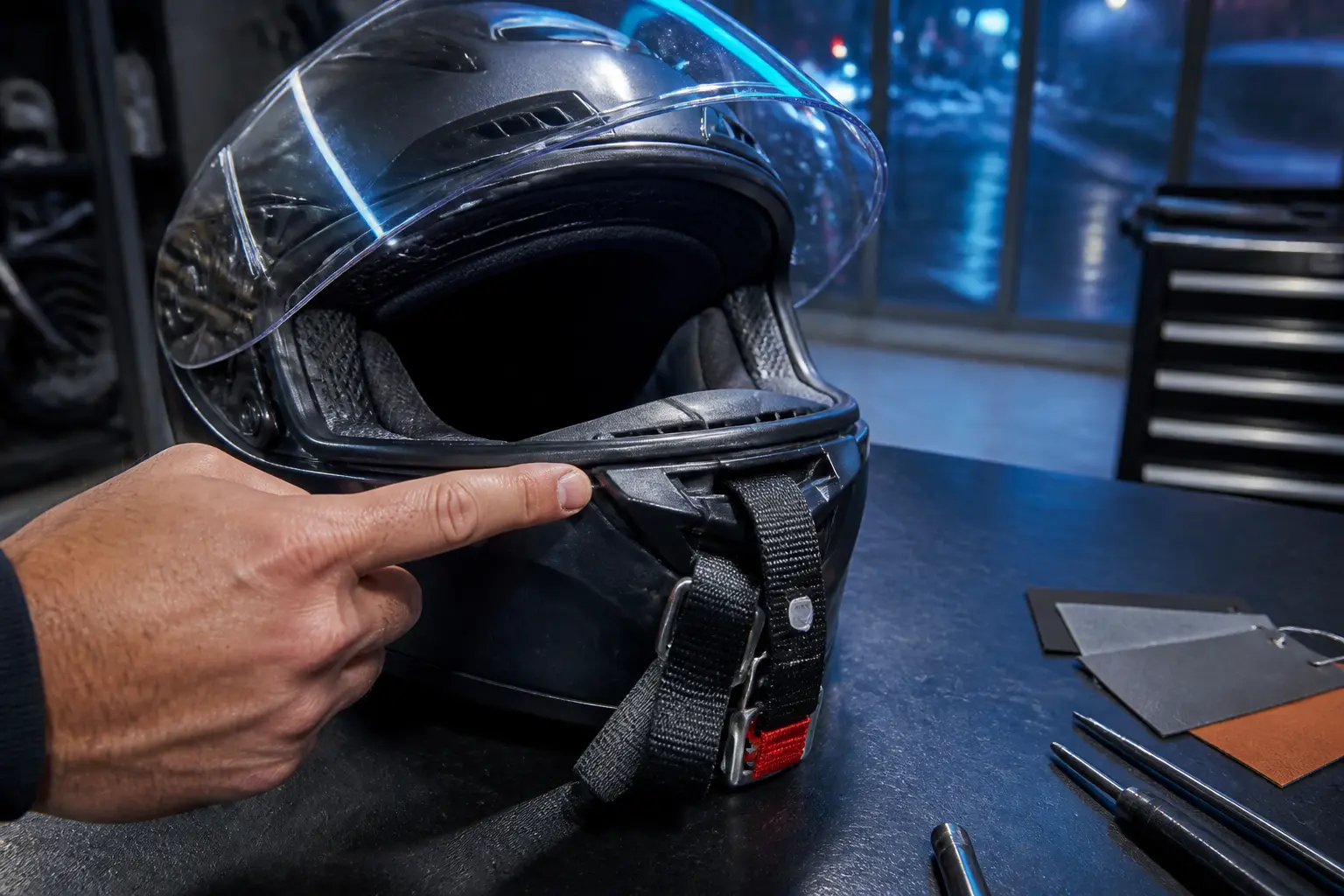 Inspection d’un casque intégral avant personnaliser un casque moto, marquages, visière et joints visibles en atelier.