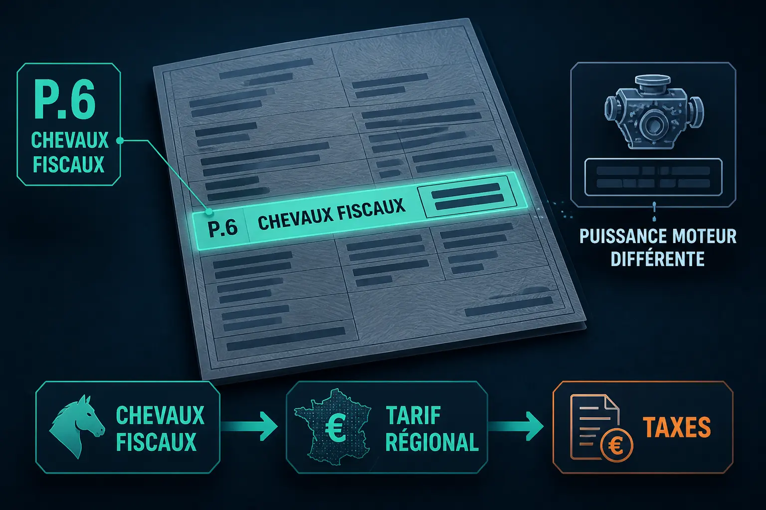 Infographie sur le prix carte grise par chevaux : certificat d’immatriculation avec P.6 mis en avant, tarif régional et taxes.