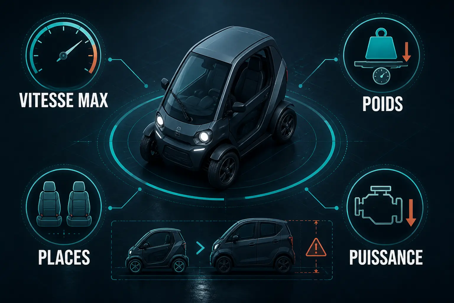 Infographie d’un quadricycle léger L6e avec repères VITESSE MAX, POIDS, PLACES et PUISSANCE, plus comparaison de gabarit.