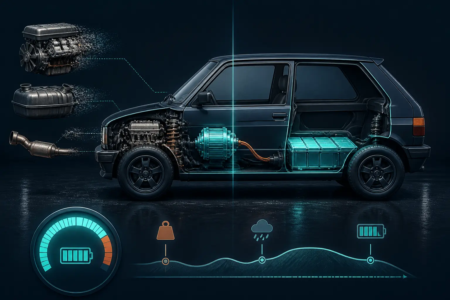 Retrofit electrique d’une citadine en coupe avant/après : moteur thermique remplacé par moteur électrique et batterie, autonomie illustrée par jauge.