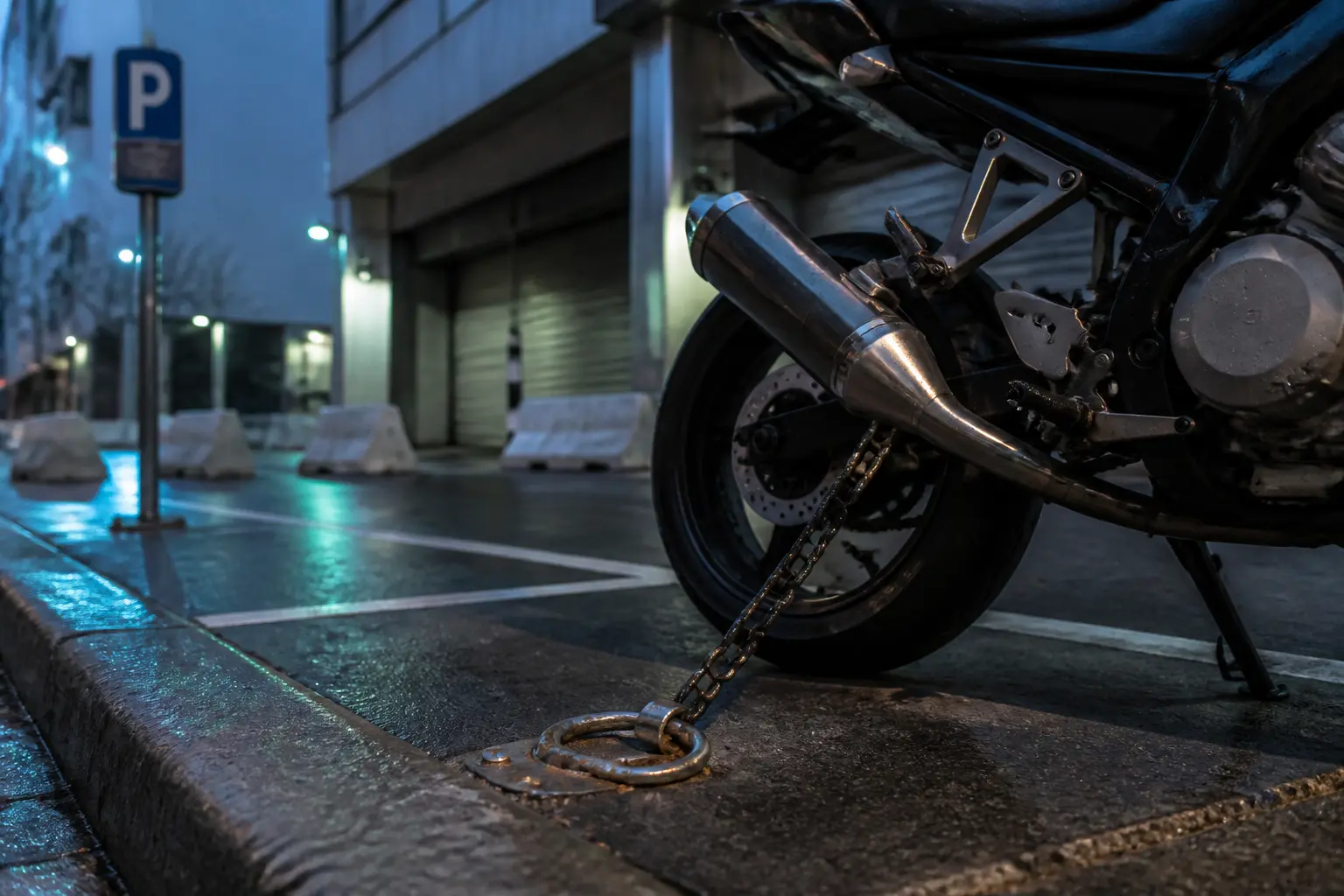 Stationnement motos avec ancrage en ville, moto attachée à un ancrage au sol près d’un parking public, sol mouillé, barrières et garage en fond